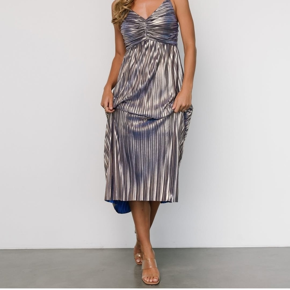 Baltic Born Metallic Purple Pleated Midi Dress NWT